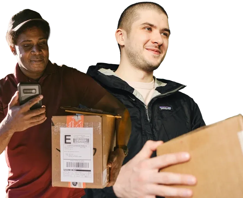 A courier checking a parcel on their phone